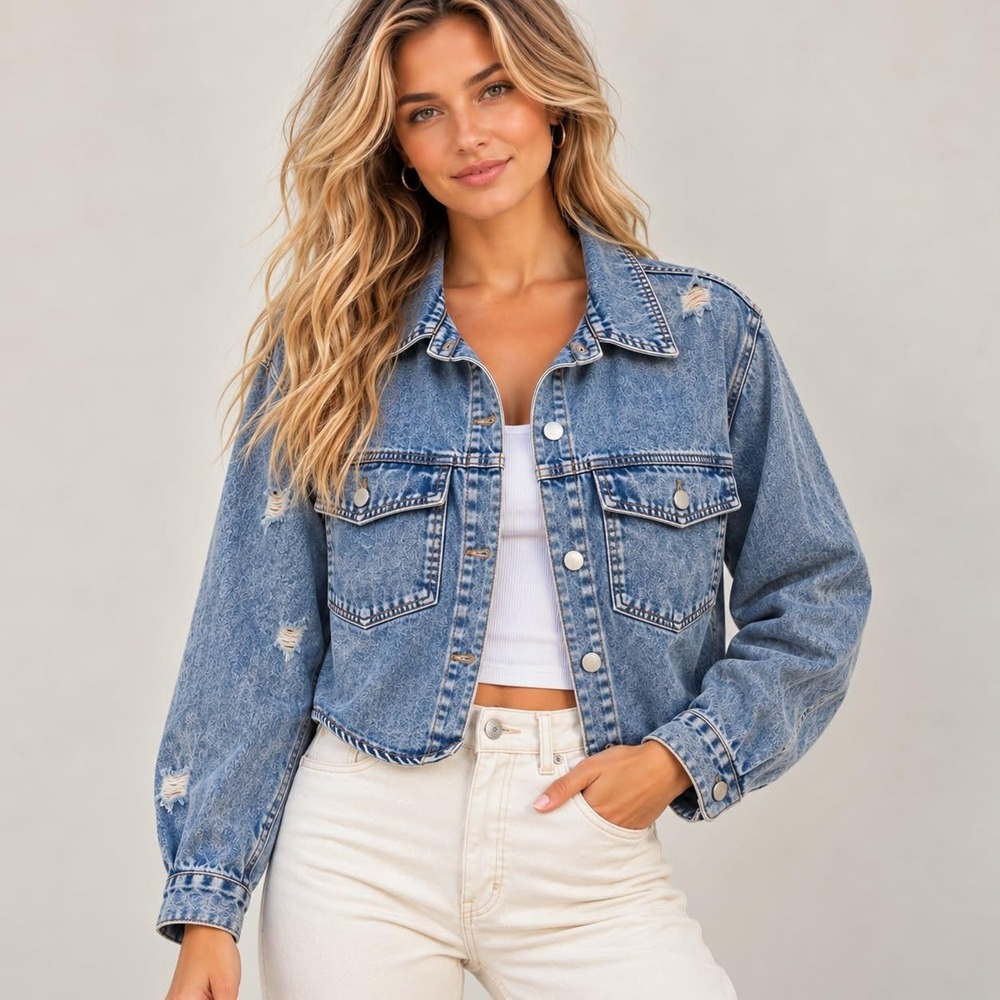 Stoosh Denim Jacket Women XL Blue Vintage Distressed Cropped Acid Wash Trucker